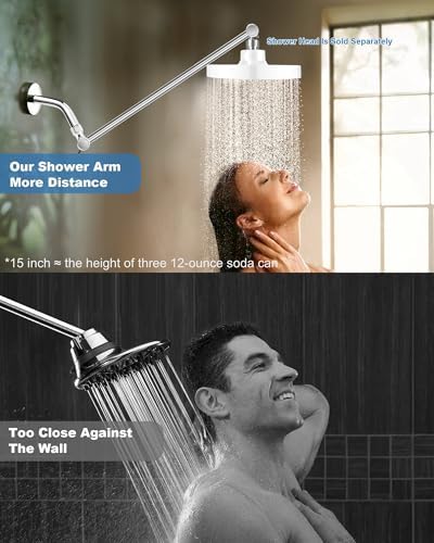 15 Inch Extra Long Adjustable Shower Head Extension Arm With Locking Set Screw, Singing Rain 304 Stainless Steel Chrome Angle Height Adjustable, G1/2 Universal Connector Compatible (Chrome Finish)