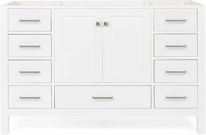 ARIEL Cambridge 54-inch Bathroom Vanity Base Cabinet,Solid Wood, 2 Soft Closing Doors, 9 Dovetail Drawers, White