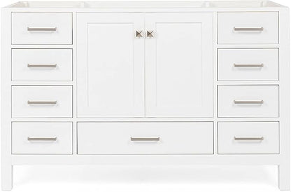 ARIEL Cambridge 54-inch Bathroom Vanity Base Cabinet,Solid Wood, 2 Soft Closing Doors, 9 Dovetail Drawers, White