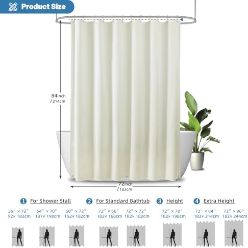 1 Pack Water-Repellent Fabric Shower Curtain Liner, 72x84 Cream
