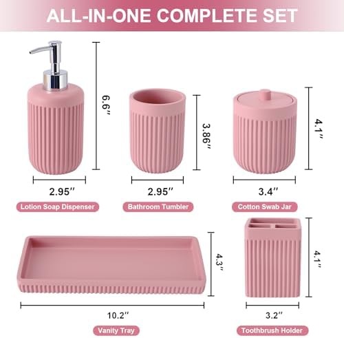 XLHOMO Resin Pink Bathroom Accessories Set 5 Pcs, Lotion Soap Dispenser, Toothbrush Holder, Bathroom Tumbler, Qtip Holder and Vanity Tray, Bathroom Countertop Organizer Set for Modern Home Apartment