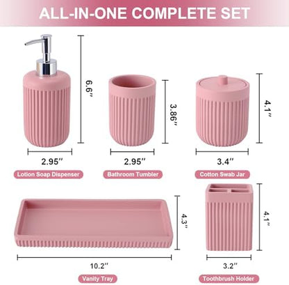 XLHOMO Resin Pink Bathroom Accessories Set 5 Pcs, Lotion Soap Dispenser, Toothbrush Holder, Bathroom Tumbler, Qtip Holder and Vanity Tray, Bathroom Countertop Organizer Set for Modern Home Apartment