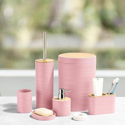 CERBIOR Bamboo Bathroom Accessories Set 6 Piece Spiral Bath Ensemble（Pink）
