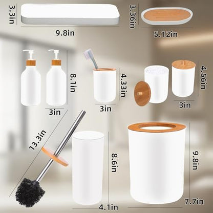 Matte White Bathroom Accessories Set 9PCS,Bamboo Bathroom Accessories Sets Complete with Trash Can,Soap Dispenser and Toothbrush Holder Set,Toilet Brush,Qtip Holder,Vanity Tray,Soap Dish