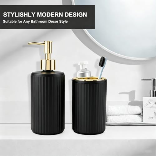Black Glass Bathroom Accessories Set, Soap Dispenser and Toothbrush Holder