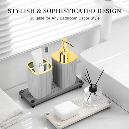 Grey Bathroom Soap Dispenser and Toothbrush Holder for Boho Bathroom Decor
