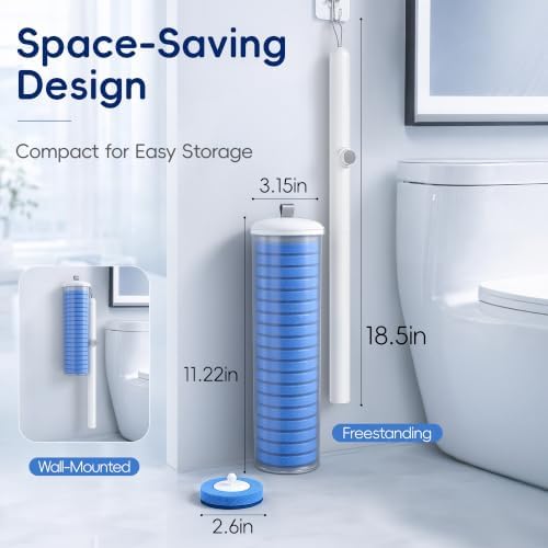 Disposable Toilet Brush Wand System, Toilet Bowl Cleaning Wand Kit with Disposable Refill Heads and Press Button Handle, for Daily Bathroom Cleaning Storage Box Set 1 Wand and 21 Refill Heads