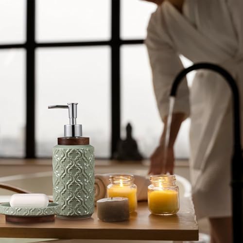 RQYIXI Ceramic Bathroom Accessories Set,Sage Green,4 Piece,Embossed Design