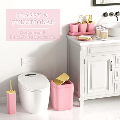 XLHOMO Bathroom Accessory Set - 24PCS Luxury Bathroom Accessories Set, Bathroom Sets with Shower Curtain and Rugs, Pink Bathroom Set with Trash Can, Toothbrush Holder & Soap Dispenser for Home Decor