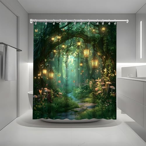 Fantasy Forest Path Shower Curtain Fairy Magical Enchanted Misty Jungle Mushroom Floral Tree Butterfly Lantern Wonderland Bath Curtain Fabric Bathroom Accessories Decor with Hooks 75W x70L