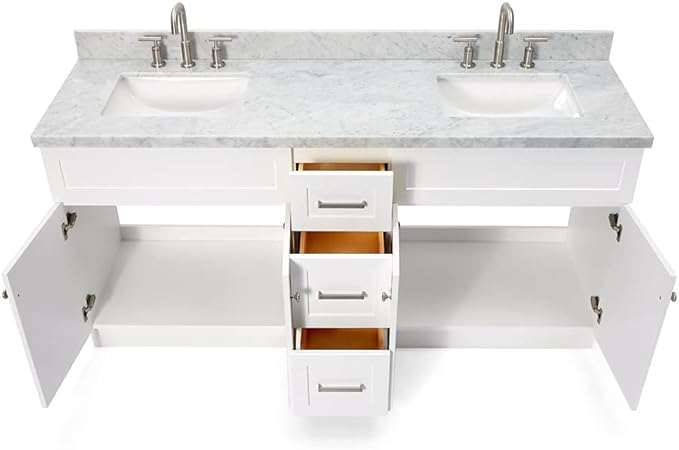 ARIEL Hamlet 72-inch Bathroom Vanity with Sink,Solid Wood, 1.5-inch Italian Carrara Marble Countertop, Double Rectangular Porcelain Sink, 4 Soft Closing Doors, 3 Dovetail Drawers, White