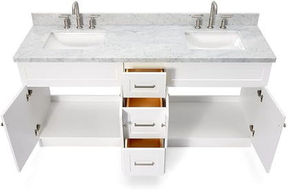 ARIEL Hamlet 72-inch Bathroom Vanity with Sink,Solid Wood, 1.5-inch Italian Carrara Marble Countertop, Double Rectangular Porcelain Sink, 4 Soft Closing Doors, 3 Dovetail Drawers, White