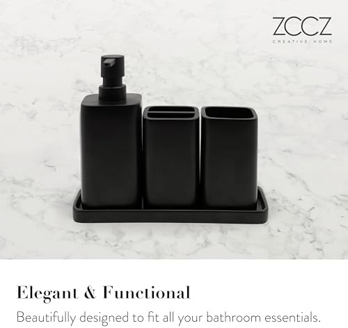 ZCCZ Bathroom Accessory Sets, 4 Pieces Bathroom Accessories Complete Set Vanity Countertop Accessory Set, Includes Lotion Dispenser Soap Pump, Tumbler, Toothbrush Holder and Tray (Matte Black)