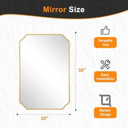 Delma Bathroom Vanity Mirror, Black Framed Aluminum Bathroom Mirror for Over Sink, Scalloped Round Corner Wall Mirror, High-Definition Vanity Mirror, Hangs Horizontally or Vertically (30x20,Gold)