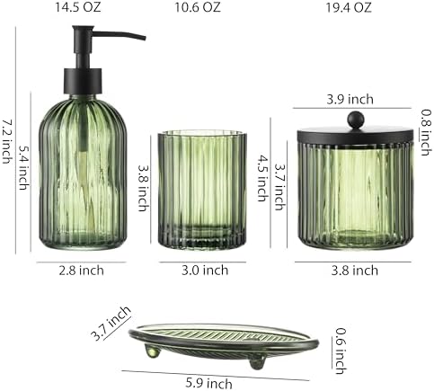 4PCs Heavy Weight Decent Glass Bathroom Accessories Set with Decorative Pressed Pattern - Includes Hand Soap Dispenser & Tumbler & Soap Dish & Toothbrush Holder (Green)