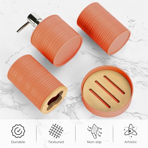 4PCS Orange Bathroom Set, Soap Dispenser, Dish & Bamboo Holder, Rustic