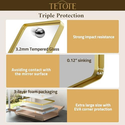 TETOTE Brushed Gold Mirror 60 x 36 Gold Metal Framed Bathroom Mirror, Tempered Glass, Modern Farmhouse Wall Mounted Mirror for Decorative(Horizontal/Vertical)