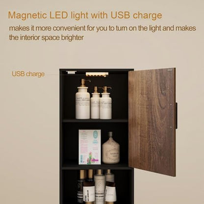 Bathroom Storage Cabinet, Tall Narrow Storage Cabinet with USB Light, Black
