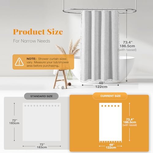 BTTN 48 x 72 Boho Linen Heavy Duty Cloth Shower Curtain Set, Grey/Gray