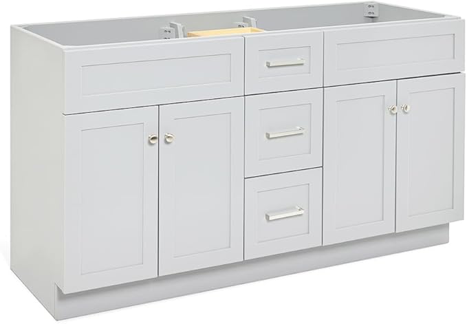 ARIEL Hamlet 60-inch Bathroom Vanity Base Cabinet,Solid Wood, 4 Soft Closing Doors, 3 Dovetail Drawers, Brushed Nickel, Grey