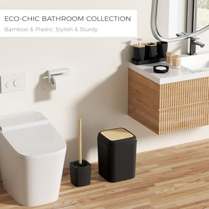 Black Bathroom Accessories Set, Unbreakable Bathroom Set, Trash Can, Toilet Brush with Holder, Soap Dispenser, Toothbrush and Toothpaste Holder, Tumbler, Soap Dish, Qtip Holders, Tray, Bamboo Decor