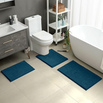 HOMEIDEAS Atlantic Blue Chenille Bath Rugs Set of 3, Non Slip Bath Mat