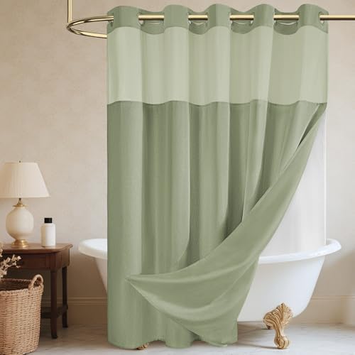 WONICY No Hook Shower Curtain with Snap-in Liner, Sage Green, 71 x 80