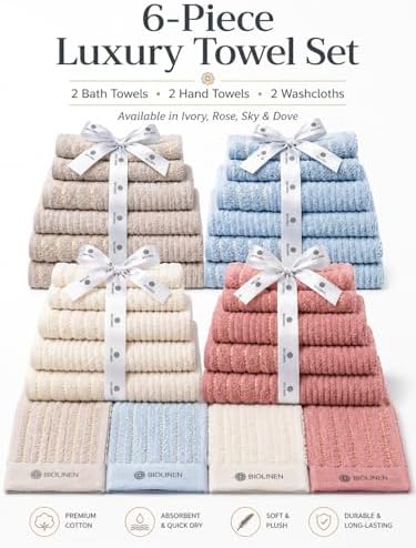 BIOLINEN Sky 6 Piece Towel Set, 2 Bath Towels 2 Hand Towels 2 Washcloths, 100% Cotton Soft Absorbent Towel Sets for Bathroom Home Gym Spa Travel
