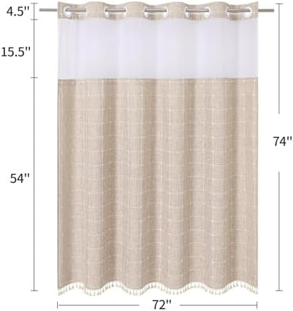 MitoVilla No Hooks Required Farmhouse Shower Curtain with Snap-in Liner - with Window & Magnets, Boho Cotton Linen Fabric Shower Curtains with Tassels for Rustic Bathroom Decor, Tan/Taupe, 72 x 74