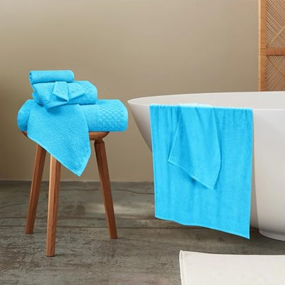 MyOwn Premium Cotton 6 Pack Towel Set for Bathroom, Contains 2 Bath Towels 28x55 inch, 2 Hand Towels 16x24 inch & 2 Wash Coths 12x12 inch, Ideal Everyday use, Compact & Lightweight - Turquoise Blue
