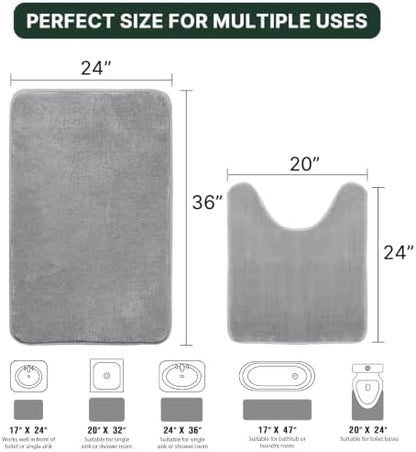 H.VERSAILTEX Bath Mat Memory Foam Bathroom Rug Flannel Velvety Luxury Extra Soft and Absorbent Non Slip Rugs for Bathroom/Bedroom Washable (Curved Set 24"x 36" Plus 20"x 24" Grey)