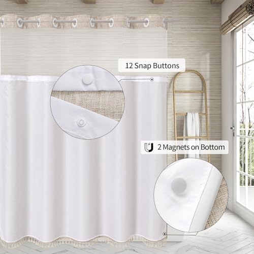 MitoVilla No Hooks Required Farmhouse Shower Curtain with Snap-in Liner - with Window & Magnets, Boho Cotton Linen Fabric Shower Curtains with Tassels for Rustic Bathroom Decor, Tan/Taupe, 72 x 74