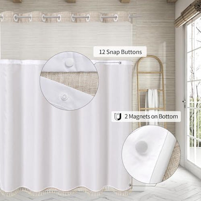 MitoVilla No Hooks Required Farmhouse Shower Curtain with Snap-in Liner - with Window & Magnets, Boho Cotton Linen Fabric Shower Curtains with Tassels for Rustic Bathroom Decor, Tan/Taupe, 72 x 74