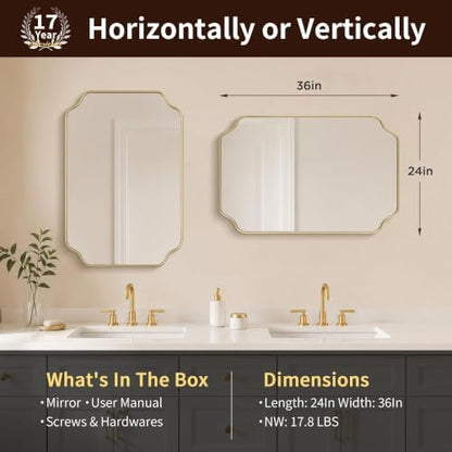 Besdomus Gold Modern Bathroom Mirror: 24"x36" Minimalist Vanity Wall Mirror