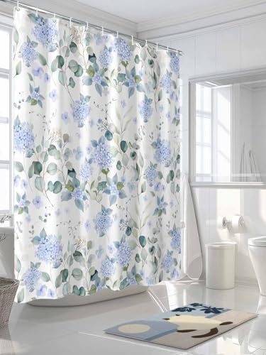 Shower Curtain Bathroom Set Summer Watercolor Blue Hydrangea Waterproof Fabric Shower Curtains with Grommets&Hooks Pastoral Eucalyptus Leaf Privacy Bath Curtain for Bathtub Decor 60x72IN