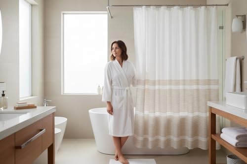 Serafina Home Tan Beige White Striped Cotton Bathroom Shower Curtain