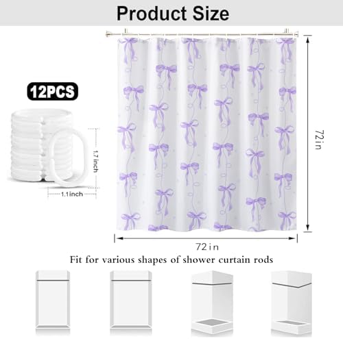 Purple Bow Shower Curtain for Bathroom Decor, Teen Girls Theme, 72x72In