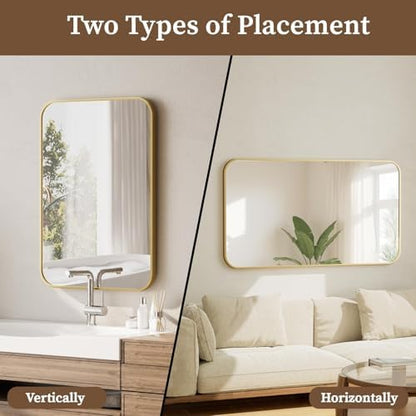 BEAUTYPEAK 20" x 28" Rectangular Aluminum Alloy Frame Wall Mounted Bathroom Mirror with Rounded Corners, Gold