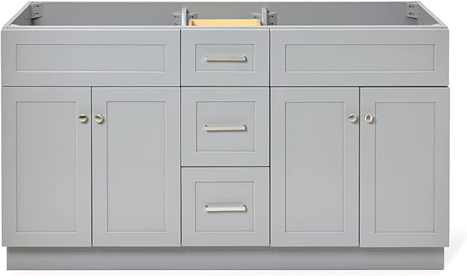 ARIEL Hamlet 60-inch Bathroom Vanity Base Cabinet,Solid Wood, 4 Soft Closing Doors, 3 Dovetail Drawers, Brushed Nickel, Grey
