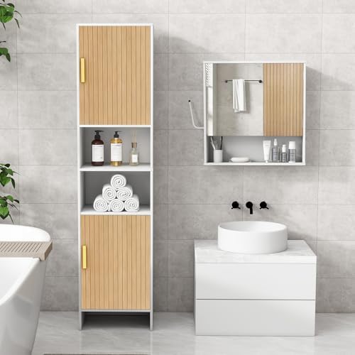 Bathroom Storage Cabinet, Tall Narrow Storage Cabinet with USB Light, White