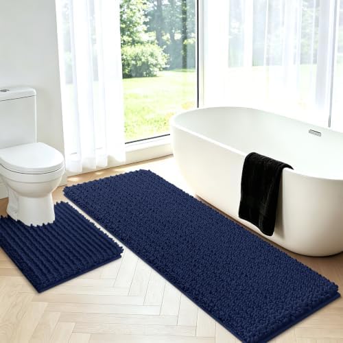 Upgrade Luxury 2 Piece Navy Blue Toilet Bathroom Rug Mat U Shape 24"x20"+48"x20", Ultra Soft Thick Absorbent Bath Mats, Non Slip Chenille Toilet Mat for Bathroom, Bedroom, Kitchen, Shower, Tub