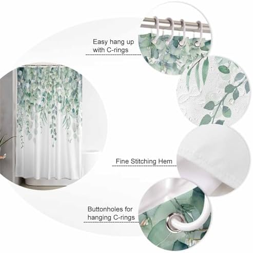Shower Curtain Bathroom Set Green Eucalyptus Leaf on White Waterproof Shower Curtains with Grommets Hooks Fallen Leaves Watercolor Privacy Bath Curtain for Bathtub Decor 48x72in