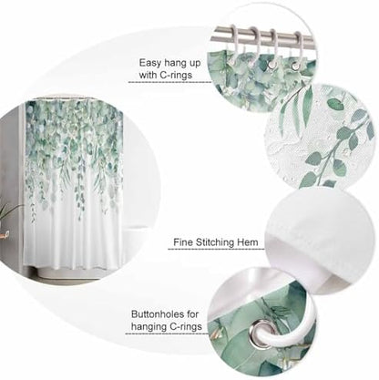 Shower Curtain Bathroom Set Green Eucalyptus Leaf on White Waterproof Shower Curtains with Grommets Hooks Fallen Leaves Watercolor Privacy Bath Curtain for Bathtub Decor 48x72in