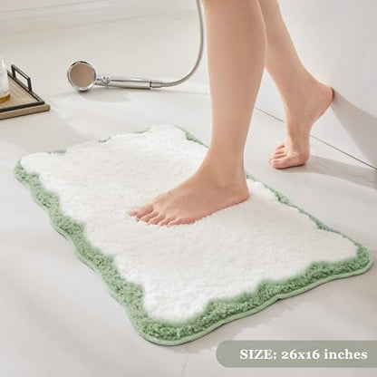 Ohocut Luxury Microfiber Bathroom Rugs, White Bath Rug with Sage Green Scalloped Piping Cute Aesthetic Spring Bath Mat for Bathroom, Tub, Floor Carpet, Sink, Shower, Anti Slip, Absorbent, 26x16