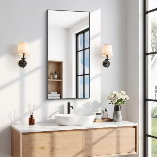 BONEWEI Bathroom Mirror,18x36 inch Wall Mirror for Bathroom Wall Mounted Black Rectangle Square Corner Mirrors,Black Bathroom Mirror for Living Room,Farmhouse,Bedroom Entryway,Horizontal/Vertical
