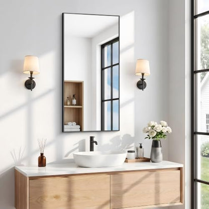BONEWEI Bathroom Mirror,18x36 inch Wall Mirror for Bathroom Wall Mounted Black Rectangle Square Corner Mirrors,Black Bathroom Mirror for Living Room,Farmhouse,Bedroom Entryway,Horizontal/Vertical