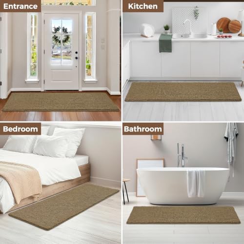 Bcoimo Bath Rug Mat,70x24 Chenille Non Slip Tan Long Bathroom Runner Rugs