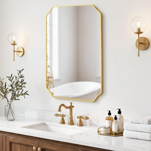 Gold Vanity Bathroom Mirror, 20" x 30" Scalloped Mirror for Wall