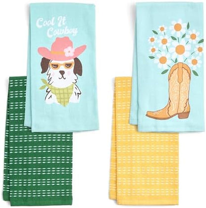 Ritz 4-Piece Kitchen Towel Set, Cool It Cowboy Dog & Daisy Boot Prints with Pine Green & Yellow Textured Terry, 100% Cotton & Absorbent Blend, 16" x 26", Western Boho Coastal Cowgirl Kitchen Decor
