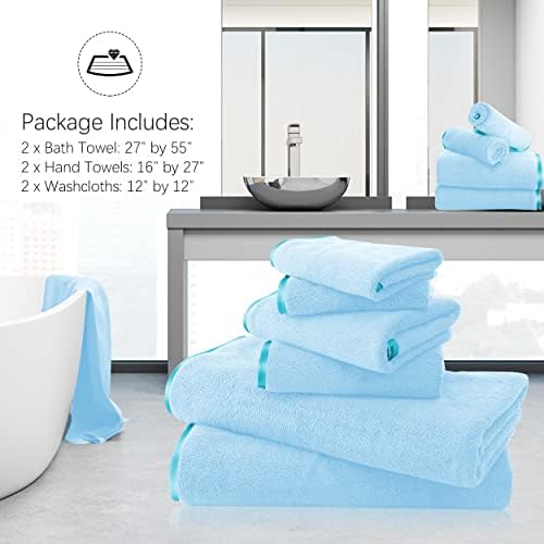 TENSTARS Luxury Silk Hemming Towel Set - Light Thin Quick Drying - 2 Bath Towels 2 Hand Towels 2 Washcloths - Ultra Soft Microfiber Towel for Bath Fitness, Sports, Yoga, Travel (Aquamarine 6 Pieces)